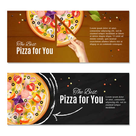 Realistic pizza on chalk board and hand with piece of italian dish, horizontal banners isolated vector illustrationのイラスト素材