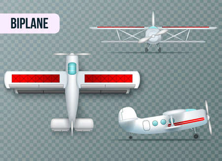 Biplane aircraft two wings airplane top side and front view realistic set transparent background shadow vector illustrationのイラスト素材