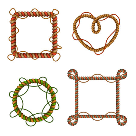 Decorative colorful rope frames set circular and square shaped with cord loops knots realistic isolated vector illustrationのイラスト素材