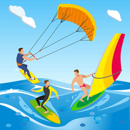 Surfing isometric composition with open sea landscape with images of clouds and different types of sailboard vector illustrationのイラスト素材