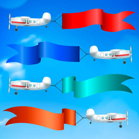 Aerial advertising airplanes parade flying giant colorful flags banners ads behind against blue sky realistic vector illustrationのイラスト素材