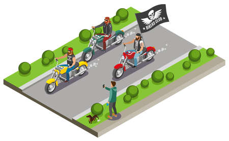 Bikers isometric composition with view of street motorway and three motorcycles with streaming flag of gang vector illustrationのイラスト素材