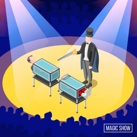 Magic trick on stage with audience, sawing of box with assistant isometric background vector illustrationのイラスト素材