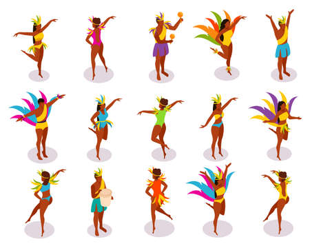 Brazilian carnival isometric people in colorful costumes with feathers and music instruments during dance isolated vector illustrationのイラスト素材