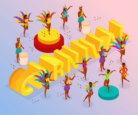 Brazilian carnival with dancing people and fun symbols isometric vector illustrationのイラスト素材