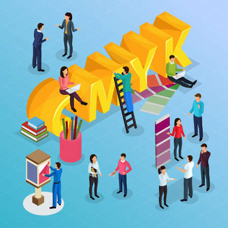 Advertising agency concept with creative advertising work symbols isometric vector illustrationのイラスト素材