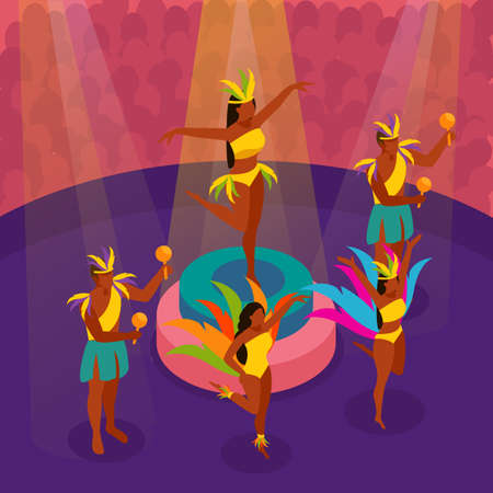 Brazilian carnival dancing with festival and fun symbols isometric vector illustrationのイラスト素材
