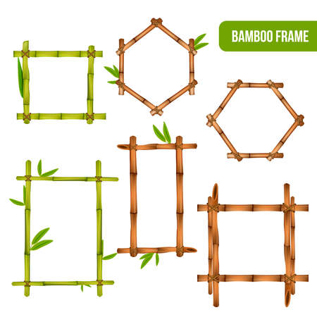 Green and dry bamboo decorative interior elements square rectangle and hexagon frames realistic set isolated vector illustrationのイラスト素材