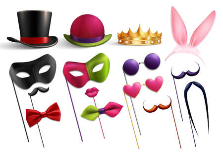 Photo booth party set with isolated images of funny hats glasses and doodle elements for masquerade vector illustrationのイラスト素材