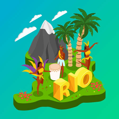 Brazilian carnival concept with dancing people and nature symbols isometric vector illustrationのイラスト素材