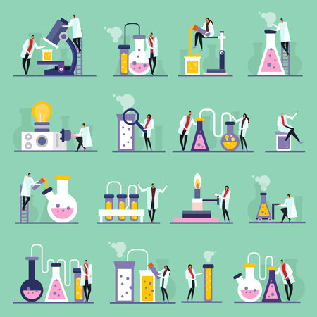 Science lab flat icons, human characters, test tubes and vials with substances, green background, isolated vector illustrationのイラスト素材