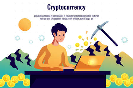 Criptocoins miner maintaining blockchain network working with computer software and trading...