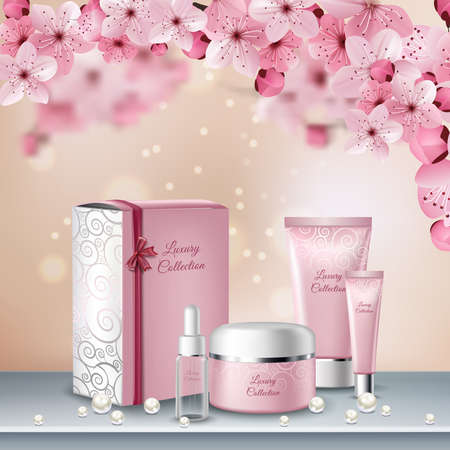 Sakura colored poster or advertising flyer with pink bottles of cosmetics for beauty procedures vector illustrationのイラスト素材