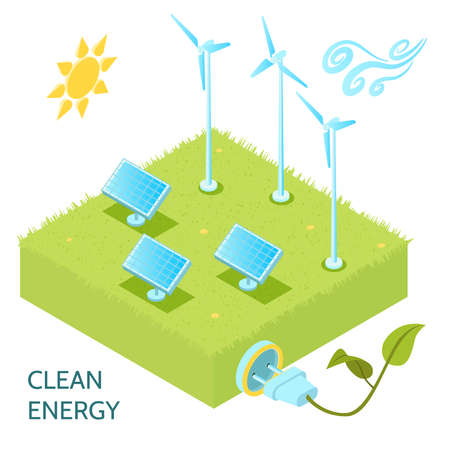 Clean energy isometric concept with solar and wind power symbols isometric vector illustrationのイラスト素材