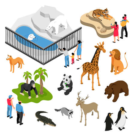 Isometric set of animals and people during visit to zoo on white background isolated vector illustrationのイラスト素材
