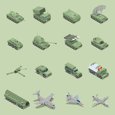 Military vehicles isometric set with tank cannon, rocket launcher jet fighter self propelled howitzer isolated icons vector illustrationのイラスト素材