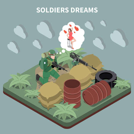 Soldiers dreams isometric composition with sniper sitting in entrenchment and remembering his girlfriend vector illustrationのイラスト素材