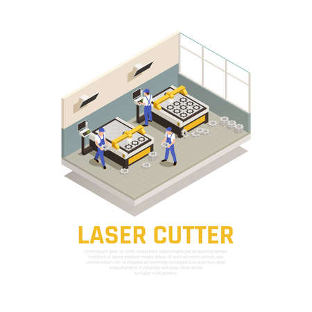 Industrial machinery composition with laser cutter symbols isometric vector illustrationのイラスト素材