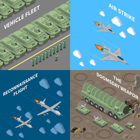 Military vehicles 2x2 design concept set of  vehicle fleet reconnaissance flight air strike doomsday weapon square icons isometric vector illustrationのイラスト素材