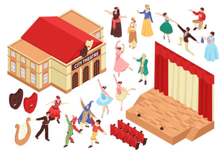 Isometric opera theatre set with isolated images of theater building stage seats and characters of entertainers vector illustrationのイラスト素材