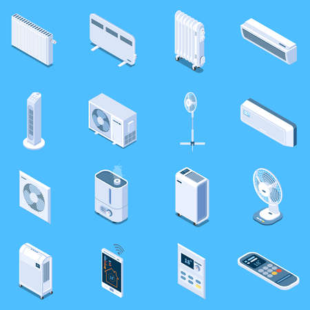 Home climate control isometric icons with floor table and tower fans air conditioner heat curtain electric and oil heaters isolated vector illustrationのイラスト素材