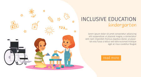 Colored inclusion inclusive education banner with kindergarden description and read more button vector illustrationのイラスト素材