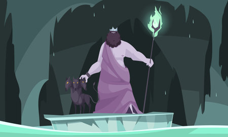 Ancient greek underworld god king of dead hades flat cartoon composition with three headed dog vector illustrationのイラスト素材