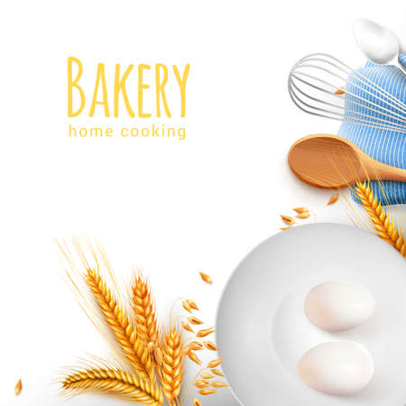Home cooking tools kitchen baking utensils realistic composition with wooden spoon whisk teaspoon grain eggs vector illustrationのイラスト素材
