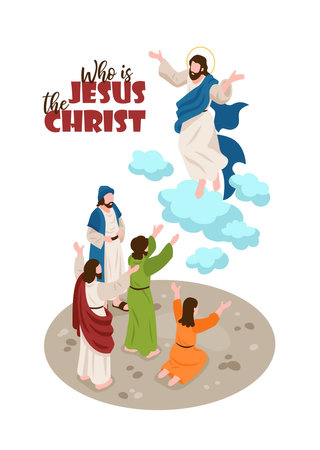Isometric bible narratives background with human characters of prayers and jesus christ with editable ornate text vector illustrationのイラスト素材