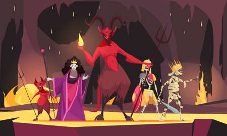 Evil characters cartoon composition with red  demon from hell devil wicked queen dark scary...