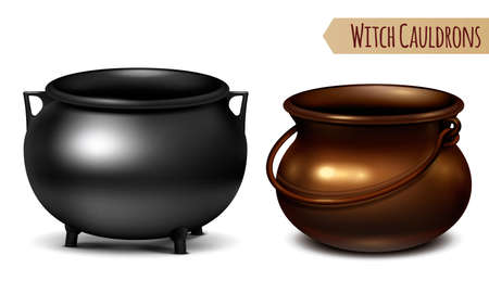 Two decorative witch cauldrons metal pots black and bronze with arc shaped hanger  realistic image vector illustrationのイラスト素材