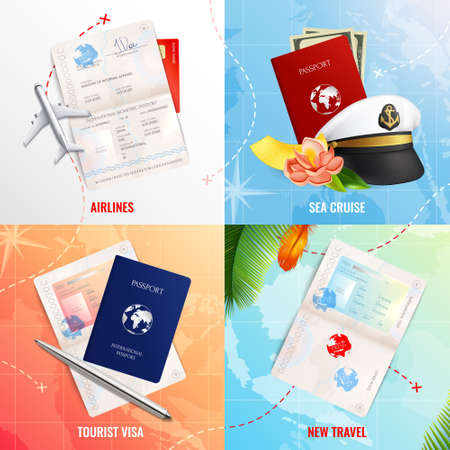 Travel by air and sea 2x2 advertising design concept with biometric passport mockups  and visa stamp realistic icons vector illustrationのイラスト素材