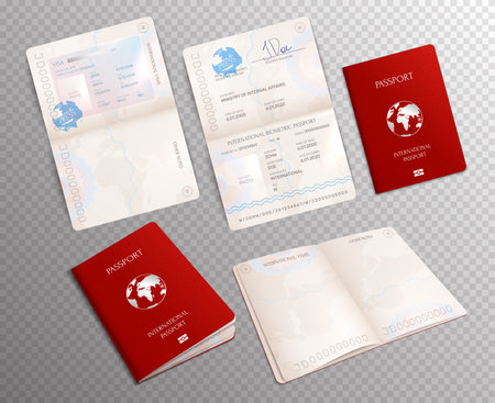 Biometric passport realistic set on transparent background with document mockups opened on different sheets vector illustrationのイラスト素材