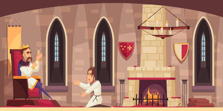 Medieval castle hall interior with king on throne holding stolen treasure and kneeling servant cartoon vector illustrationのイラスト素材