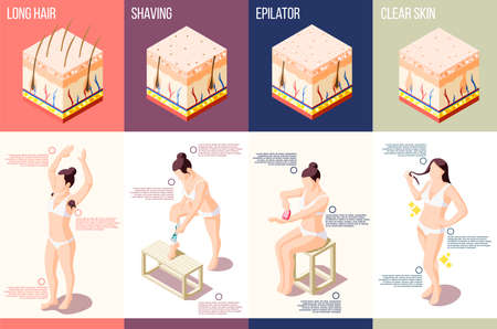 Isometric composition with woman doing different hair removal procedures 3d isolated vector illustrationのイラスト素材