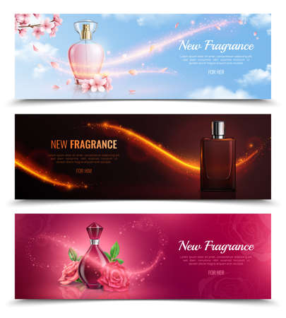 New fragrance horizontal cosmetics banners with bottles of perfume and effect of magic flying glitters realistic vector illustrationのイラスト素材