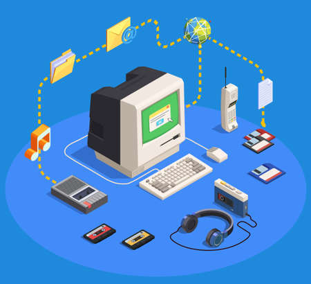 Retro devices isometric composition with personal computer camera player phone recorder on blue...
