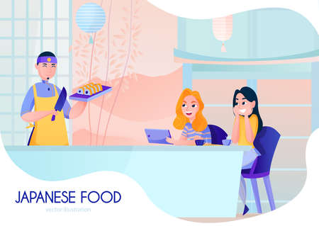 Smiling cook serving sushi in japanese restaurant cartoon vector illustrationのイラスト素材
