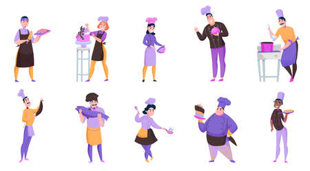 Friendly male and female cooks holding various dishes isolated on white background vector illustrationのイラスト素材