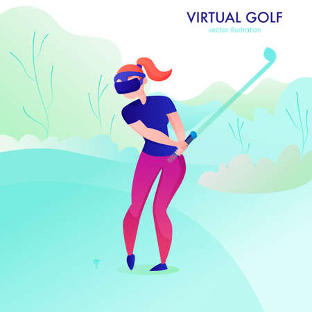 Woman playing virtual gold in augmented reality glasses cartoon vector illustrationのイラスト素材