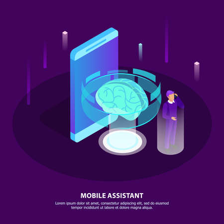 Mobile assistant isometric poster with glow brain as symbol artificial intelligence and man getting necessary information with mobile app in his smartphone vector illustrationのイラスト素材