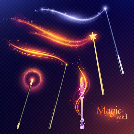 Tale set of flying magic wands with effect of  golden and silver glitters on transparent background vector illustrationのイラスト素材