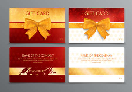 Two way design of discount scratch gift card with place for company name in gold and red colors isolated vector illustrationのイラスト素材
