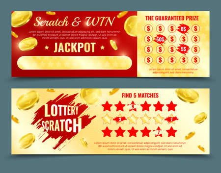 Two different design versions of scratch lottery card mockup with win jackpot and guaranteed prize promotion isolated vector illustrationのイラスト素材