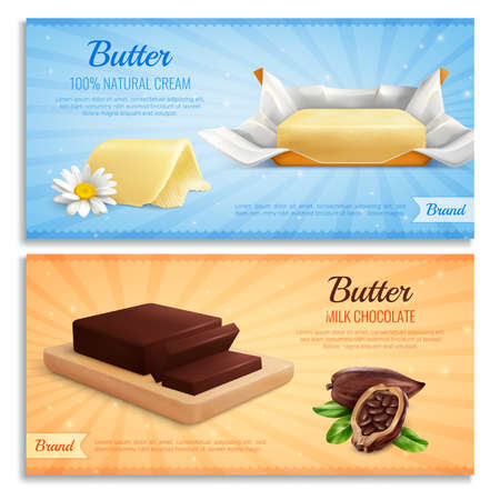Butter realistic banners as mockup for advertising brand produce milk chocolate and natural cream butter vector illustrationのイラスト素材