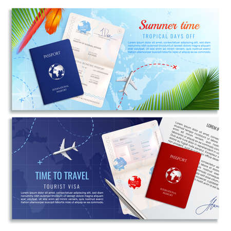 Time to travel realistic banners with mockups of biometric passport  and tourist visa application form realistic vector illustrationのイラスト素材