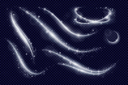 Magic flying lights and glitters of different abstract shapes on transparent background realistic vector illustrationのイラスト素材