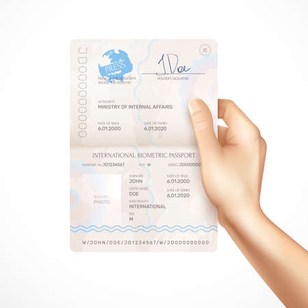 Human hand holding mockup of international biometric passport with issue and expiry dates holders signature and name of authority issuing passport realistic vector illustrationのイラスト素材
