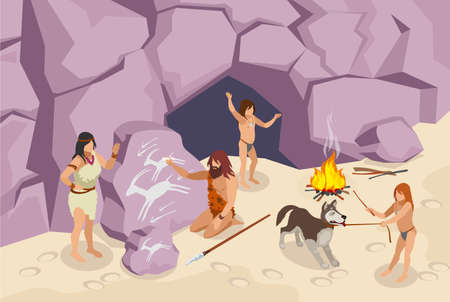 Stone age people isometric background with ancient people vector illustrationのイラスト素材