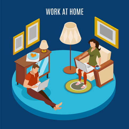 Freelancer day round isometric background composition with couple working at home sitting on floor with laptop vector illustrationのイラスト素材